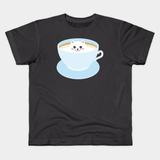 Cute Kawaii cat in blue cup of froth art coffee Kids T-Shirt